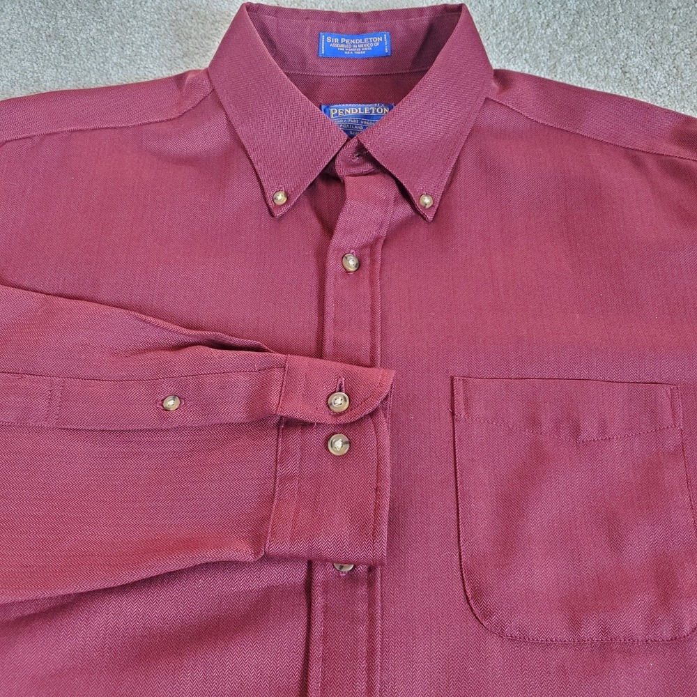 Sir Pendleton Men's Button Down Shirt LARGE‎ LONG Burgundy Long Sleeve Wool